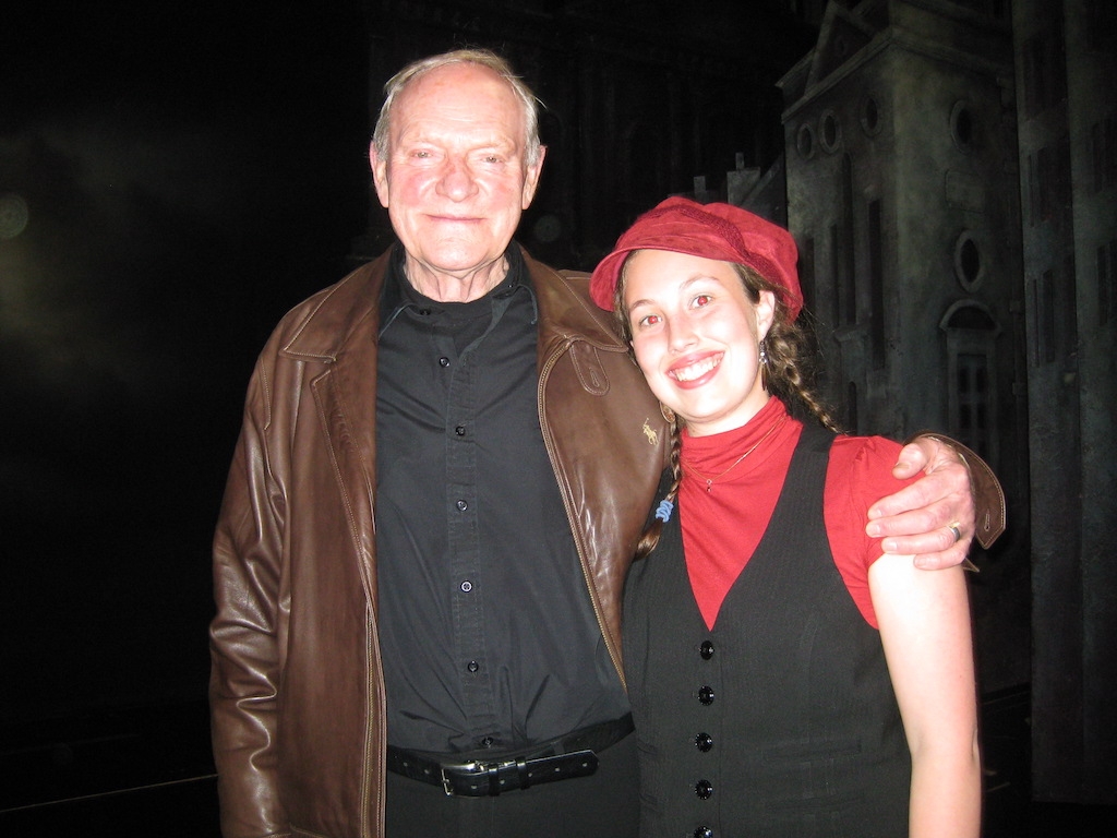 Jacquelyn with visiting scene study tutor Julian Glover backstage after seeing him in Oliver on the West End